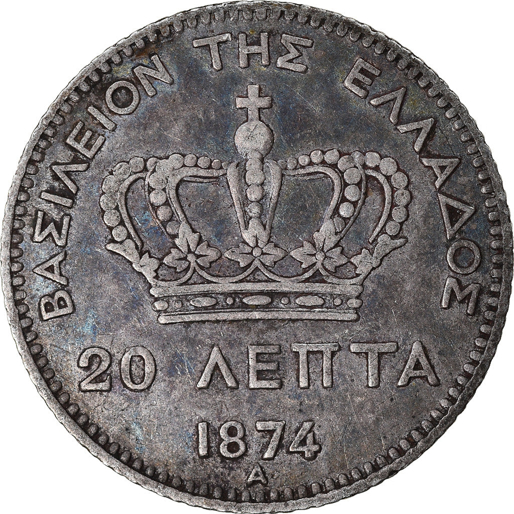 Coin, Greece, George I, 20 Lepta, 1874, Paris, AU(50-53), Silver, KM:44
