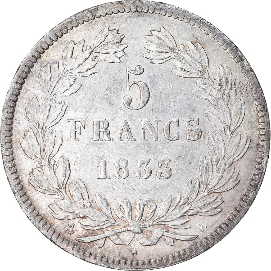 Moneda, Francia, Louis-Philippe, 5 Francs, 1833, Rouen, MBC+, Plata, KM:749.2