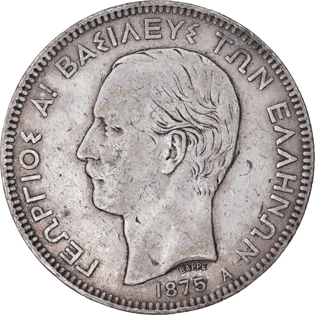 Coin, Greece, George I, 5 Drachmai, 1875, Paris, VF(30-35), Silver, KM:46