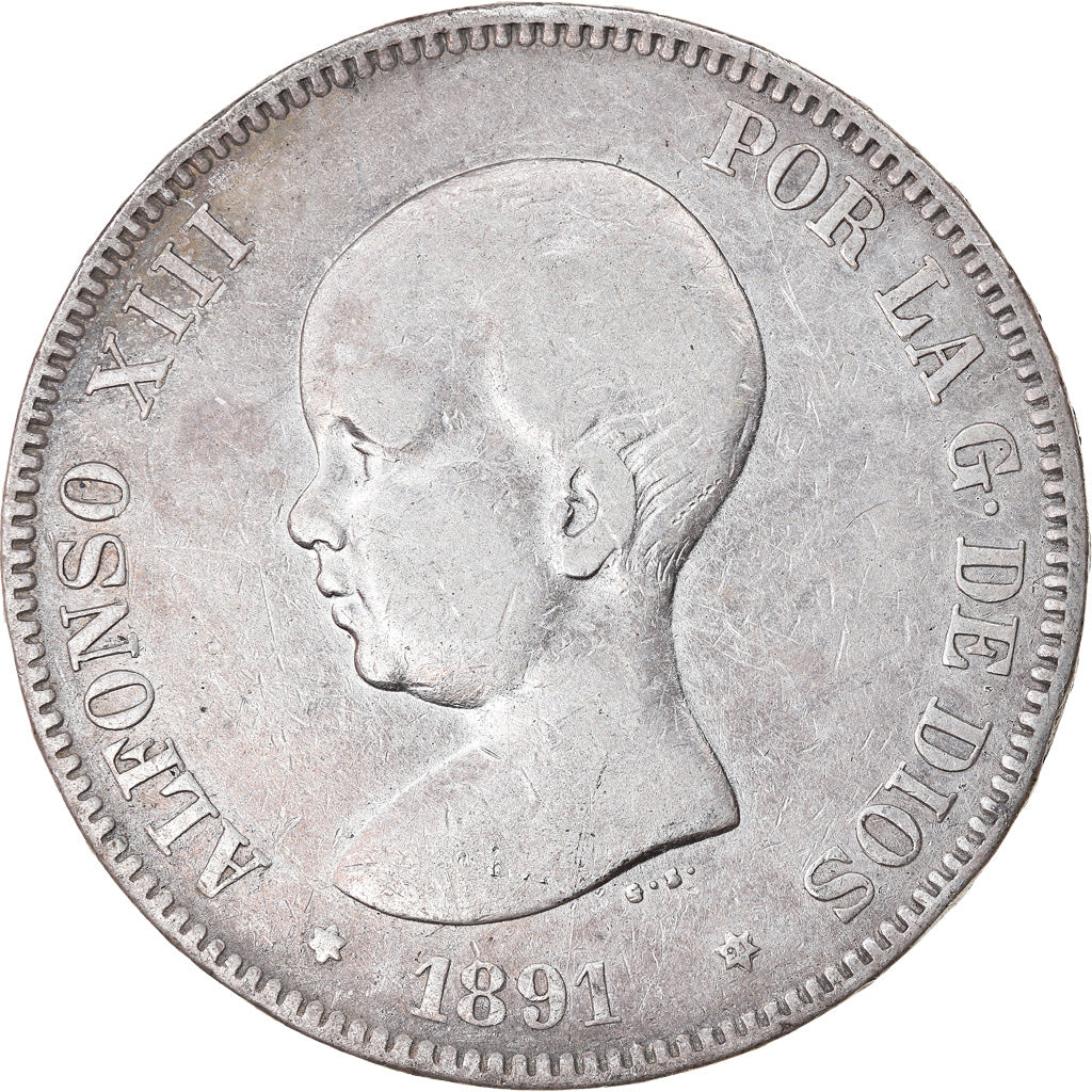 Münze, Spanien, Alfonso XIII, 5 Pesetas, 1891, Madrid, S+, Silber, KM:689