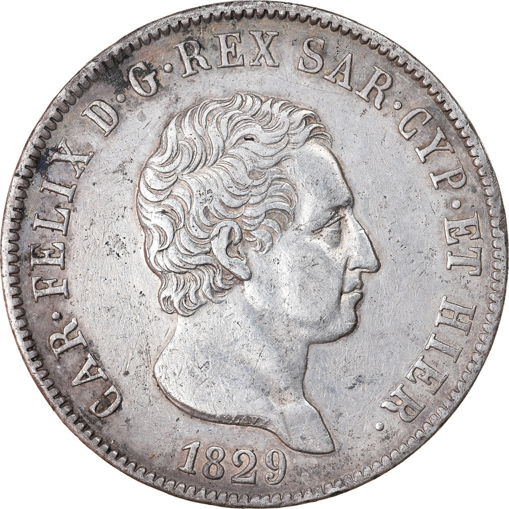 Moeda, ESTADOS ITALIANOS, SARDINIA, Carlo Felice, 5 Lire, 1829, Genoa