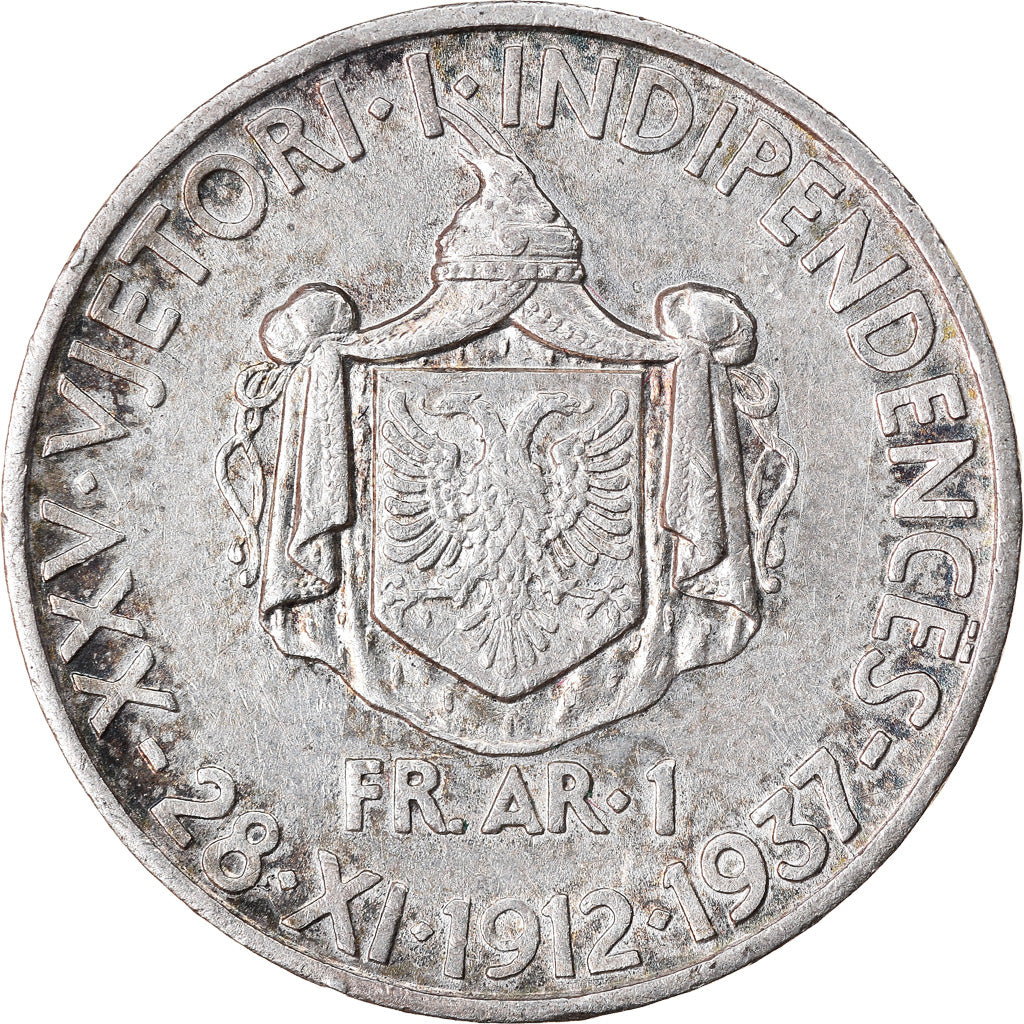 Coin, Albania, Zog I, Frang Ar, 1937, Rome, EF(40-45), Silver, KM:18