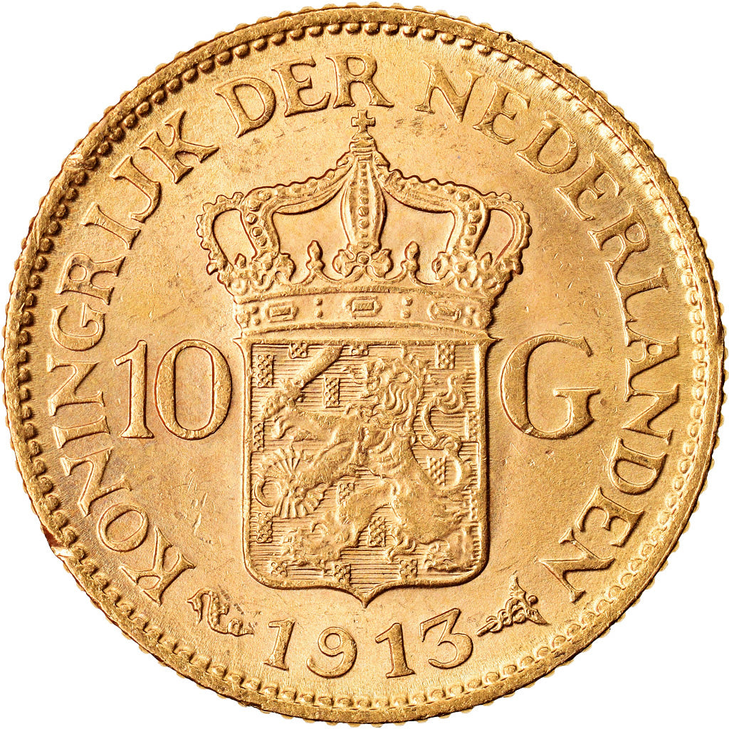 Coin, Netherlands, Wilhelmina I, 10 Gulden, 1913, Utrecht, MS(60-62), Gold