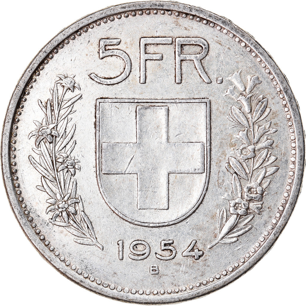 Coin, Switzerland, 5 Francs, 1954, Bern, EF(40-45), Silver, KM:40