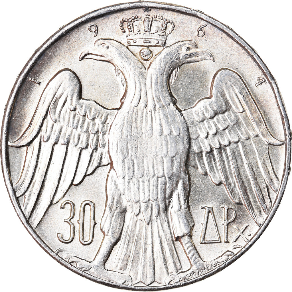 Coin, Greece, Constantine II, 30 Drachmai, 1964, AU(55-58), Silver, KM:87
