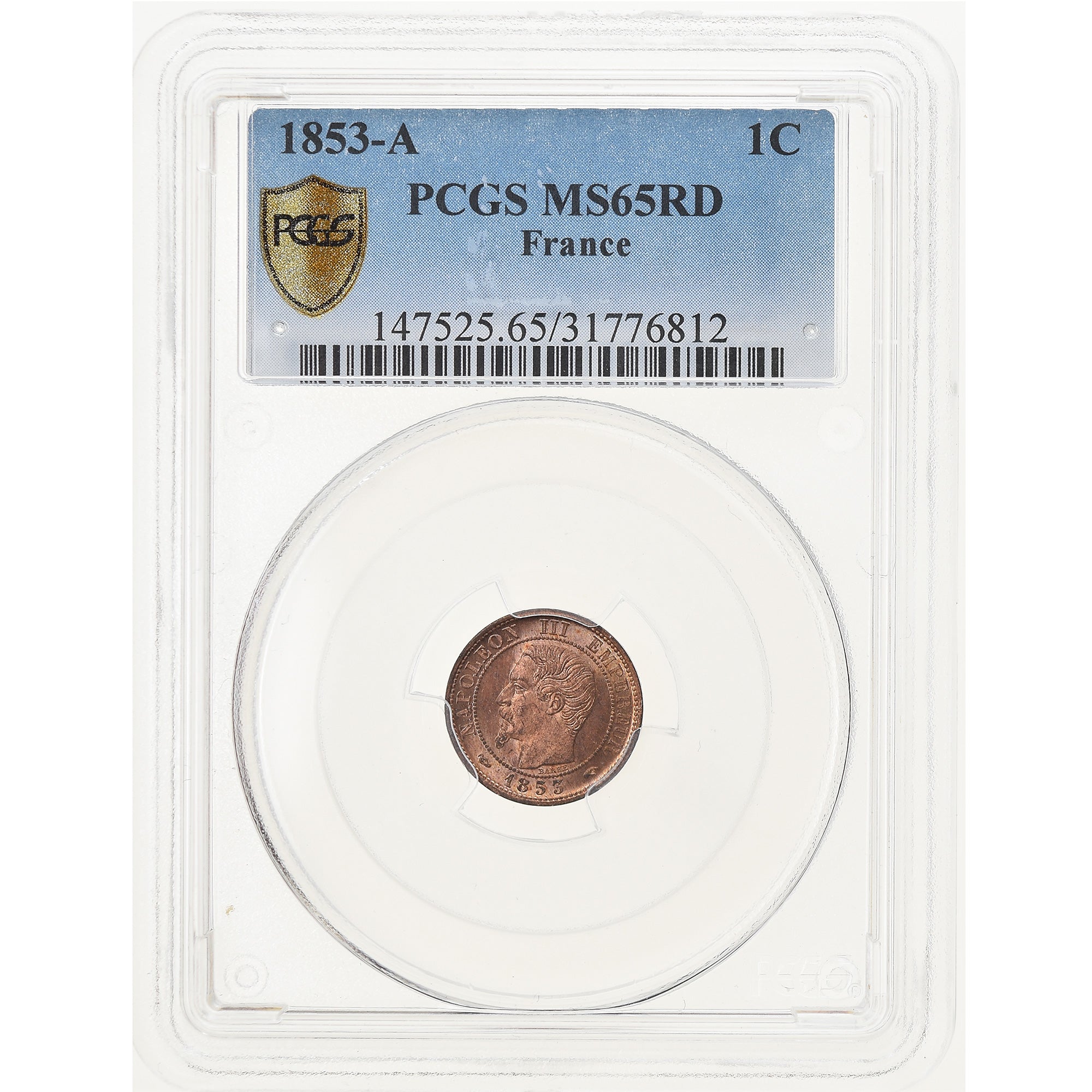 Coin, France, Napoleon III, Napoléon III, Centime, 1853, Paris, PCGS, MS65RD