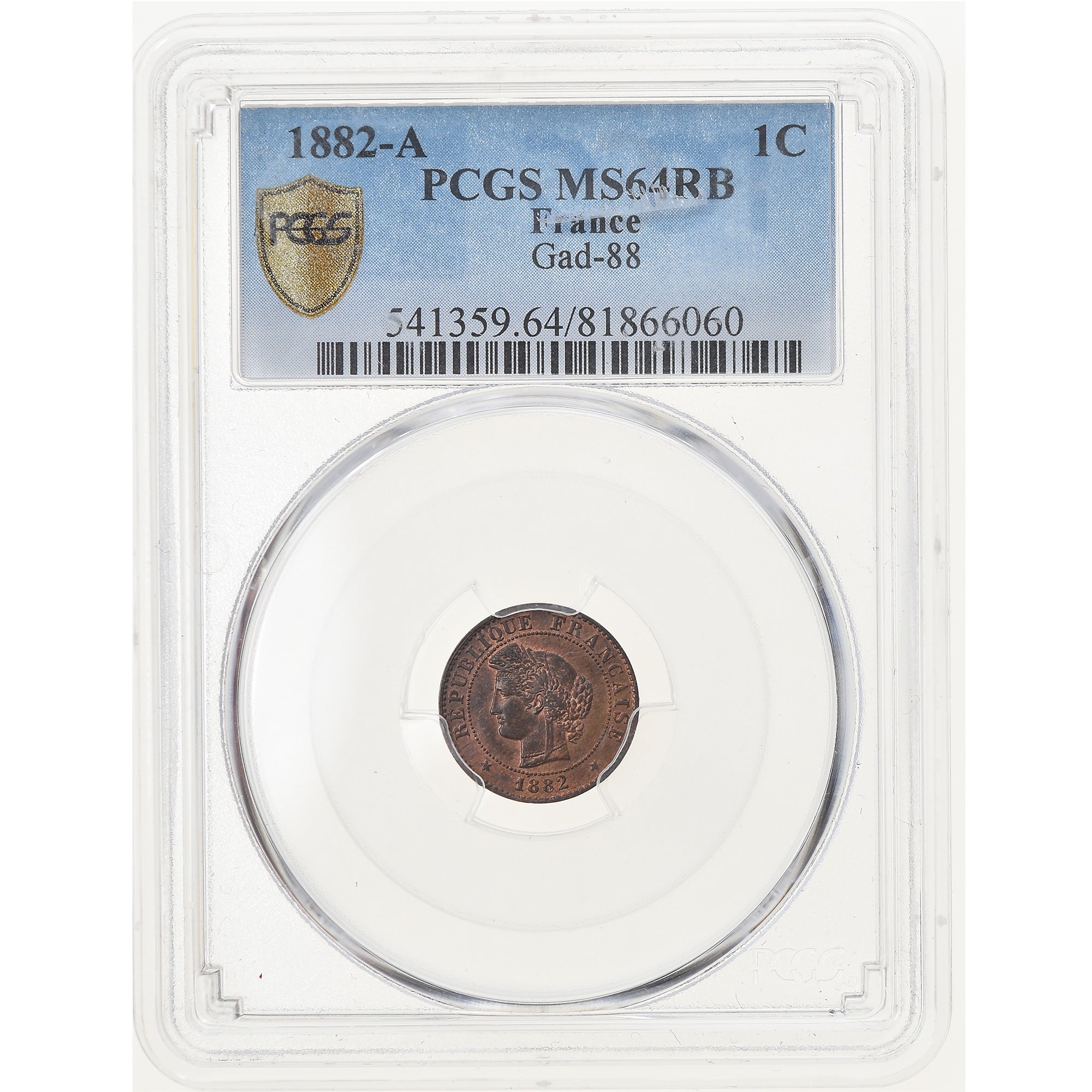 Coin, France, Cérès, Centime, 1882, Paris, PCGS, MS64RB, MS(64), Bronze