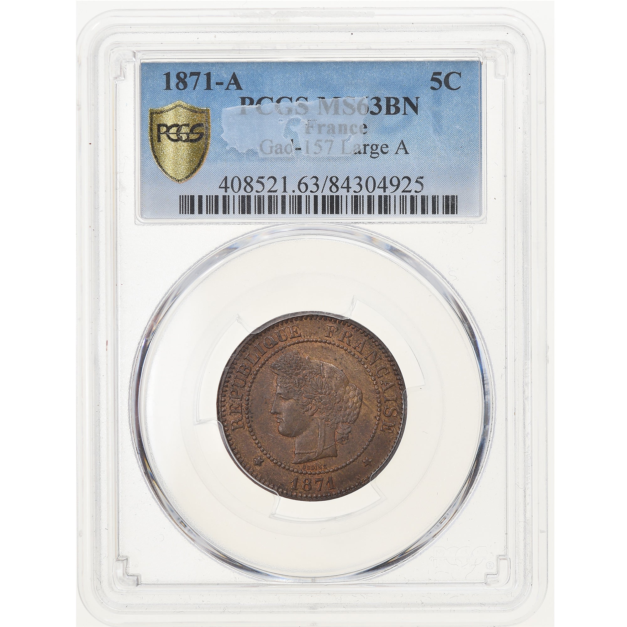 Moeda, França, Cérès, 5 Centimes, 1871, Paris, PCGS, MS63BN, MS(63), Bronze