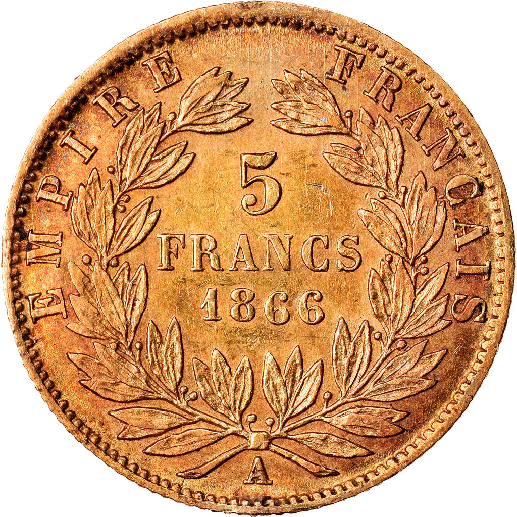 Moneta, Francia, Napoleon III, 5 Francs, 1866, Paris, BB, Oro, Gadoury:1002