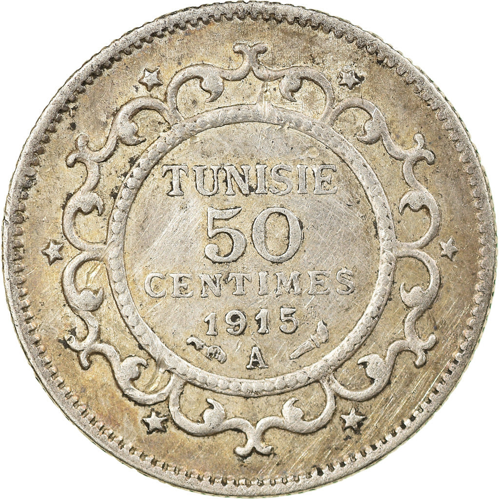 Moneta, Tunisia, Muhammad al-Nasir Bey, 50 Centimes, 1915, Paris, BB+, Argento