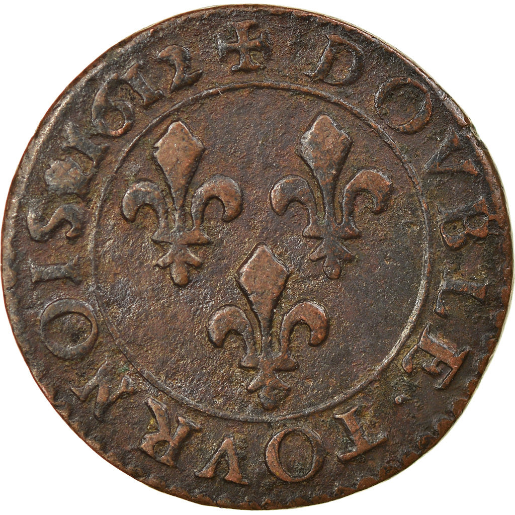 Moneta, Francia, Louis XIII, Double Tournois, 1612, Toulouse, BB, Rame, CGKL:436