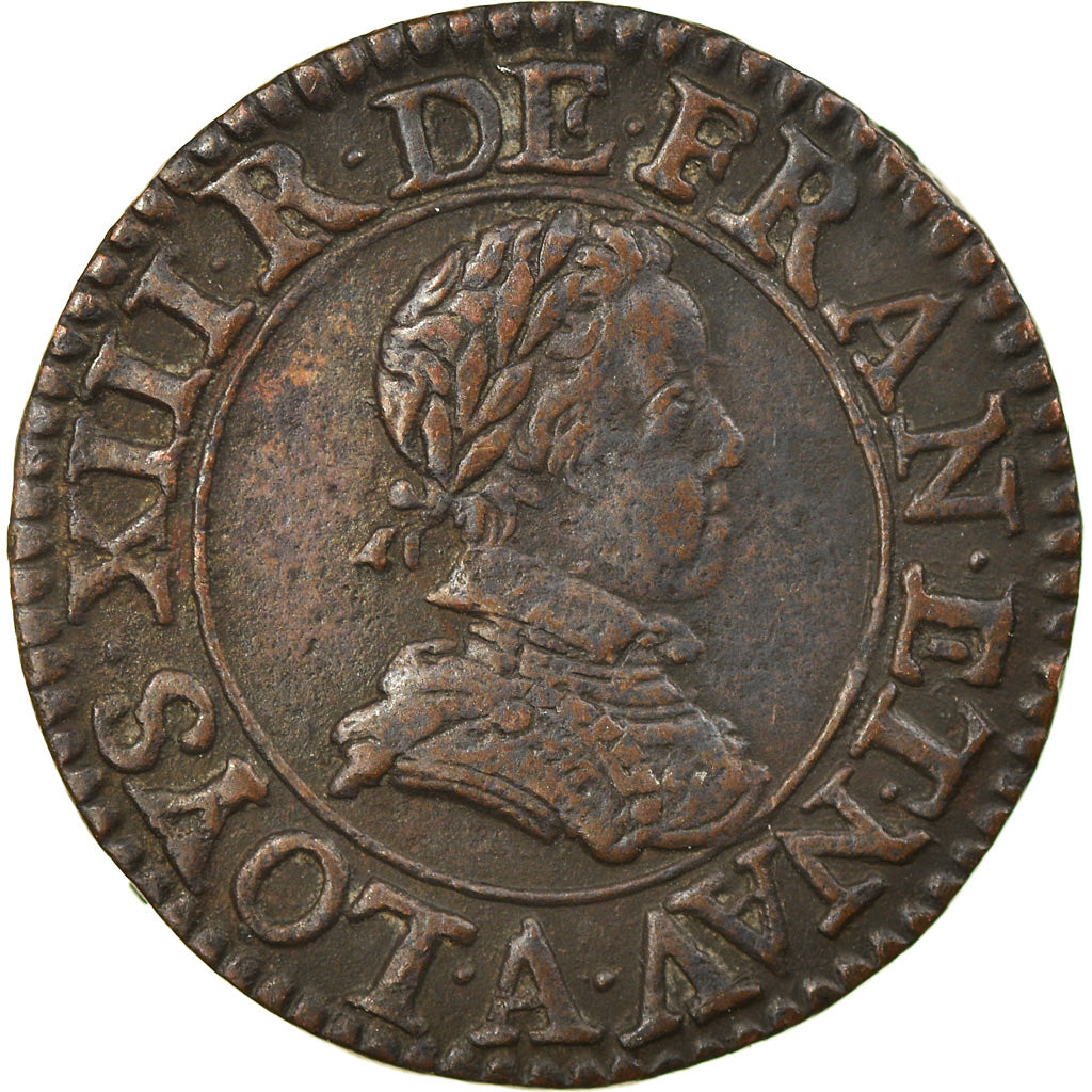 Moeda, França, Louis XIII, Double Tournois, 1613, Paris, EF(40-45), Cobre