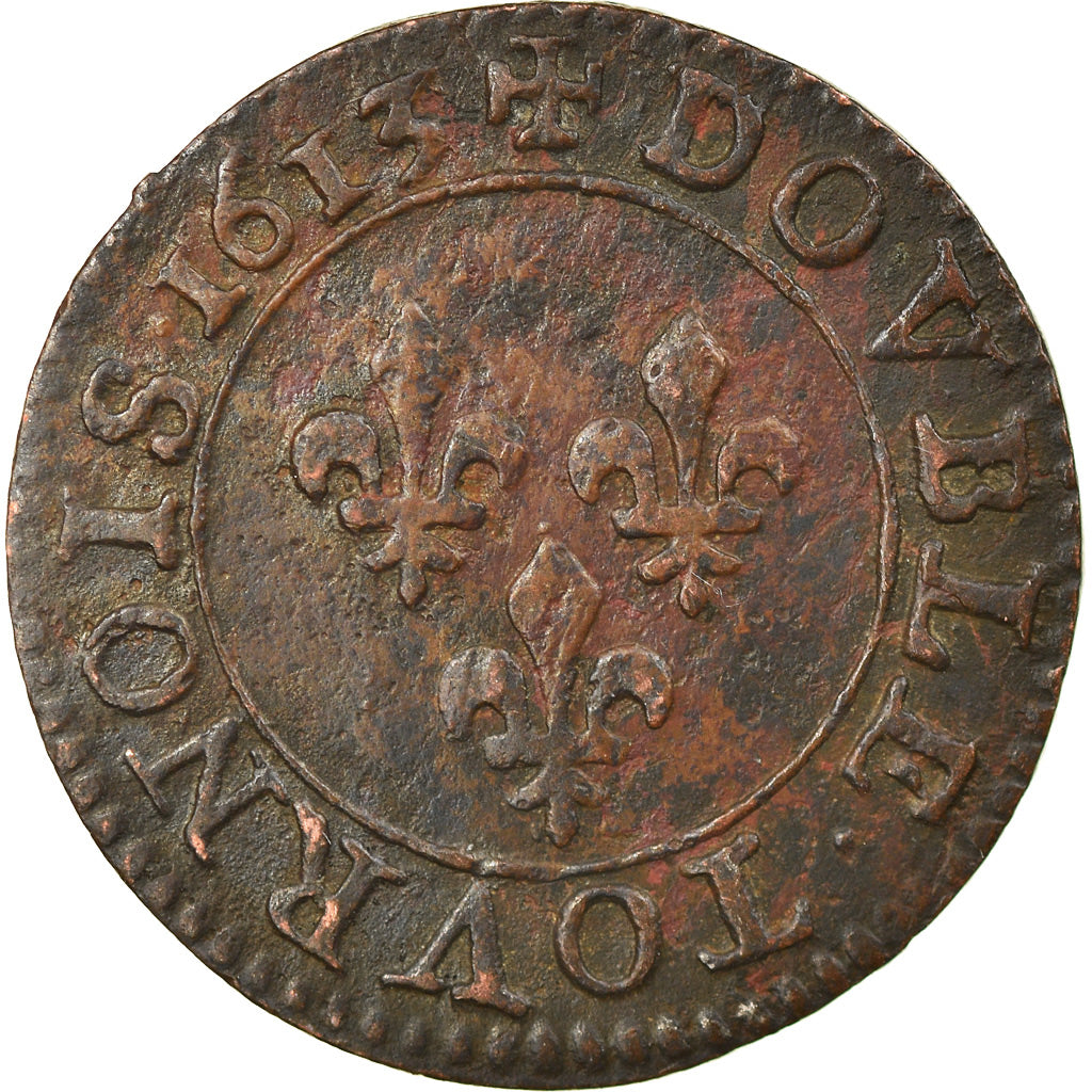 Moeda, França, Louis XIII, Double Tournois, 1613, Paris, EF(40-45), Cobre