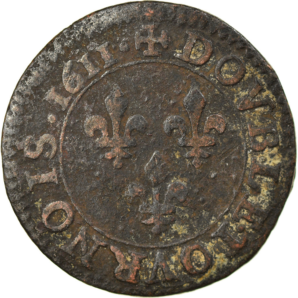 Moeda, França, Louis XIII, Double Tournois, 1611, Paris, VF(20-25), Cobre