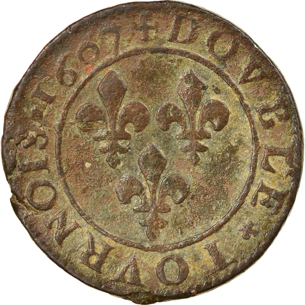 Moeda, França, Henri IV, Double Tournois, 1607, Lyon, VF(30-35), Cobre
