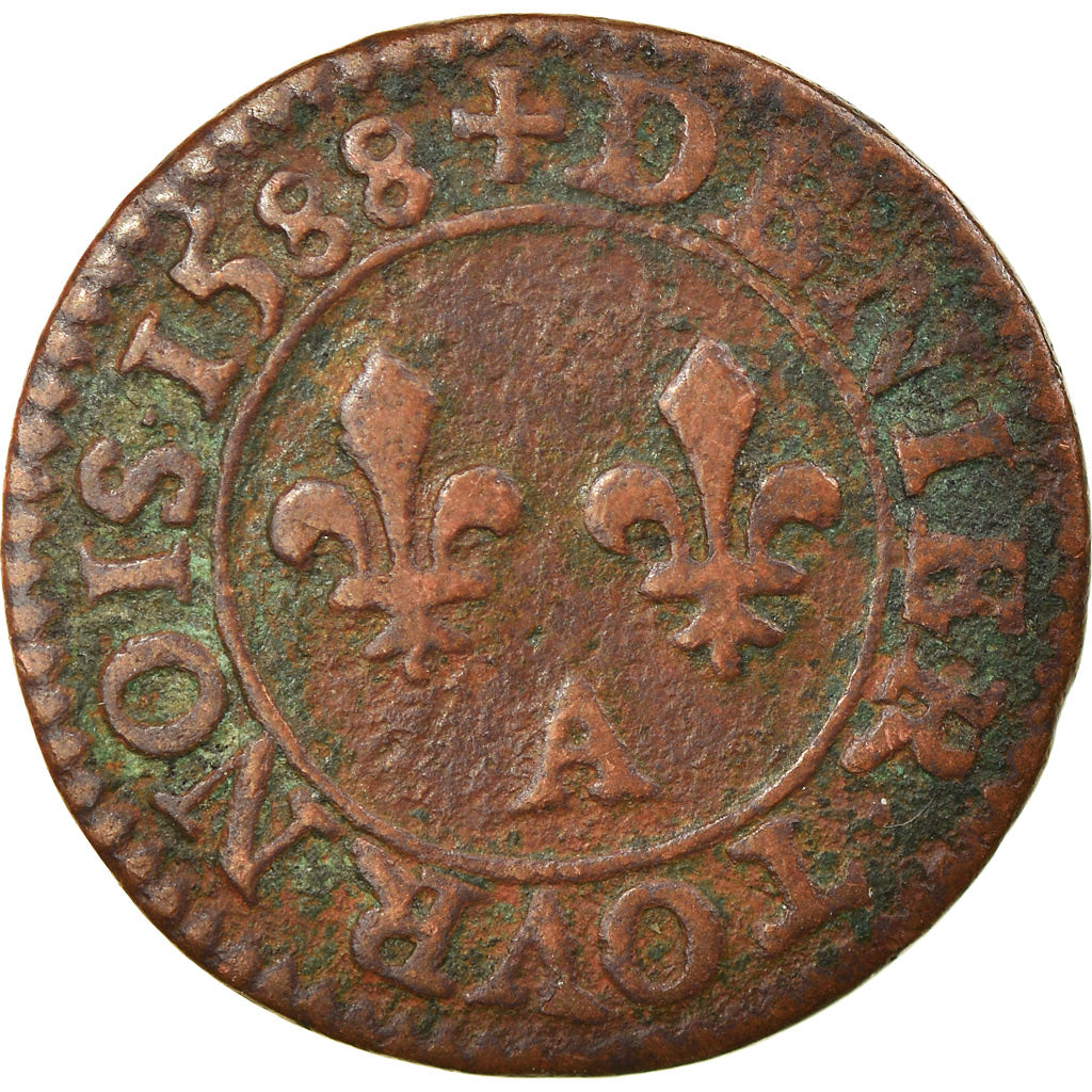 Moneta, Francia, Henri III, Denier Tournois, 1588, Paris, BB, Rame, Sombart:4074
