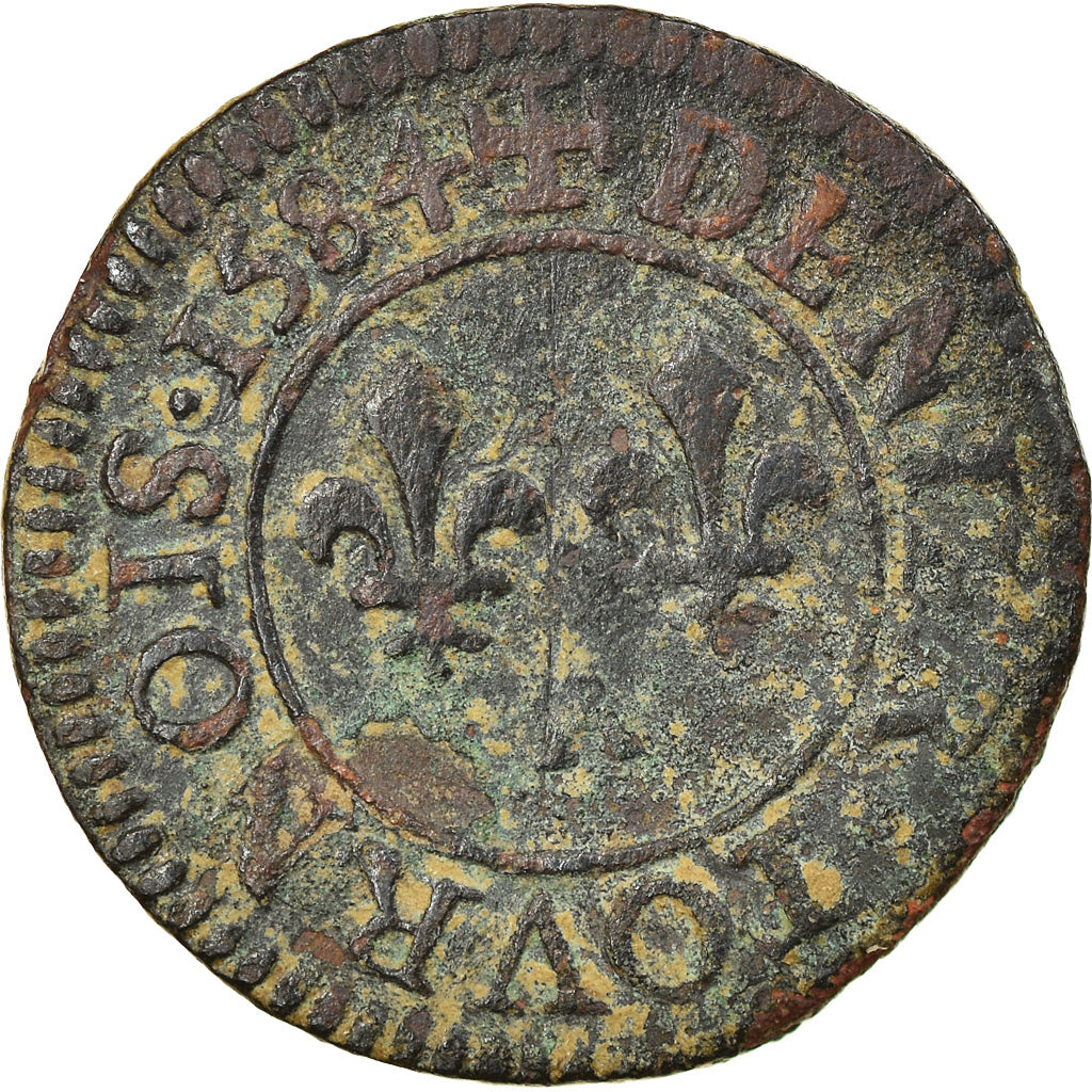 Monnaie, France, Henri III, Denier Tournois, 1584, Paris, TB+, Cuivre