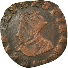 Coin, France, Charles X, Double Tournois, 1594, Troyes, EF(40-45), Copper