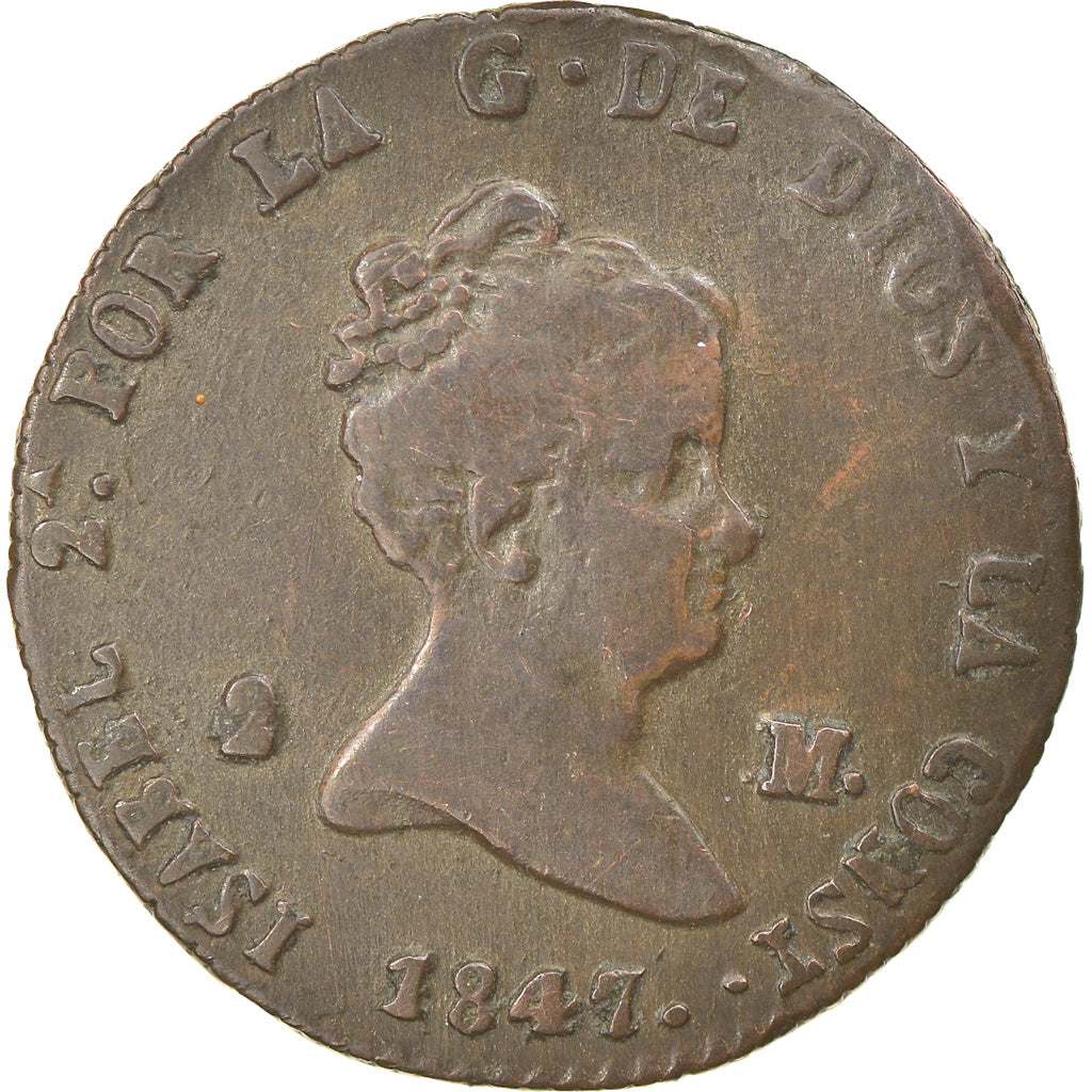 Moeda, Espanha, Isabel II, 2 Maravedis, 1847, Segovia, EF(40-45), Cobre