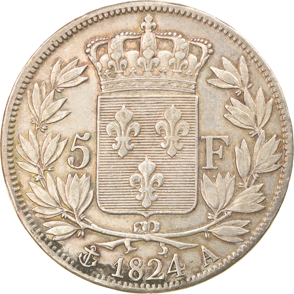 Munten, Frankrijk, Louis XVIII, Louis XVIII, 5 Francs, 1824, Paris, FR+, Zilver