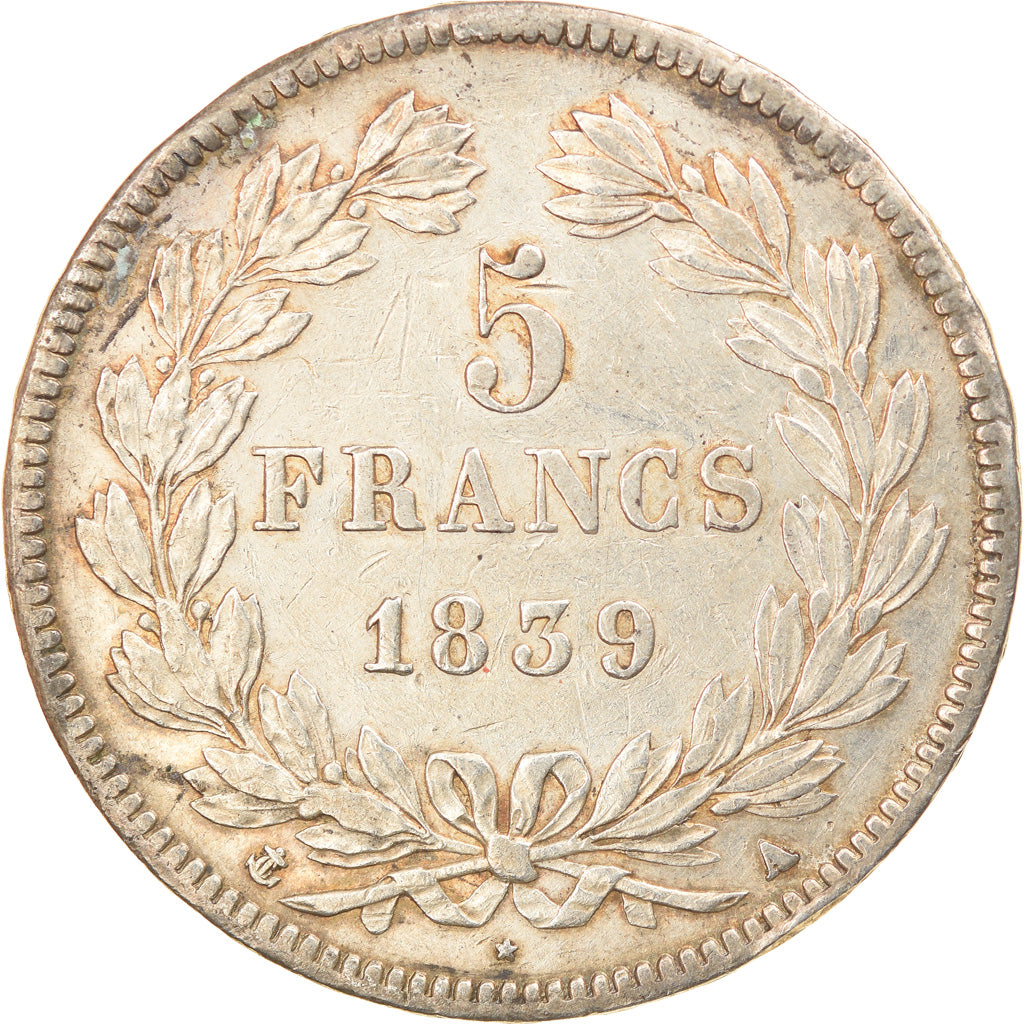 Moeda, França, Louis-Philippe, 5 Francs, 1839, Paris, EF(40-45), Prata