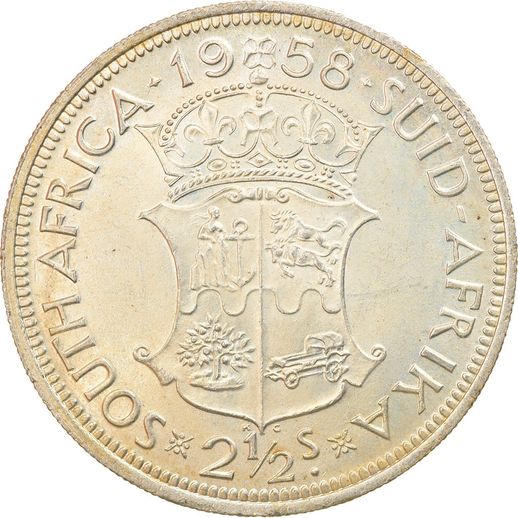 Coin, South Africa, Elizabeth II, 2-1/2 Shillings, 1958, AU(55-58), Silver