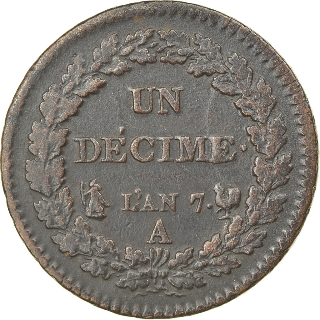 Moneta, Francja, Dupré, Decime, AN 7, Paris, EF(40-45), Bronze, KM:644.1