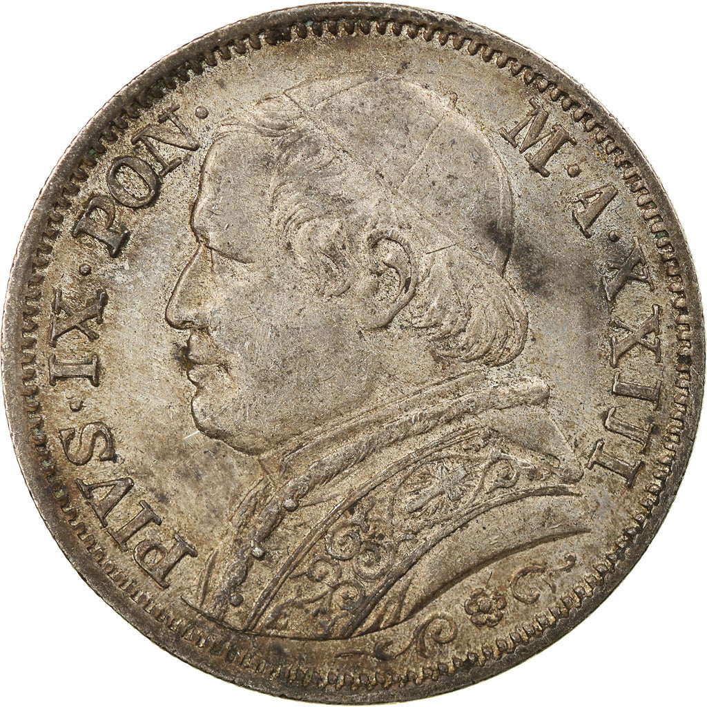 Moneda, Estados italianos, PAPAL STATES, Pius IX, Lira, 1868, Roma, MBC+, Plata