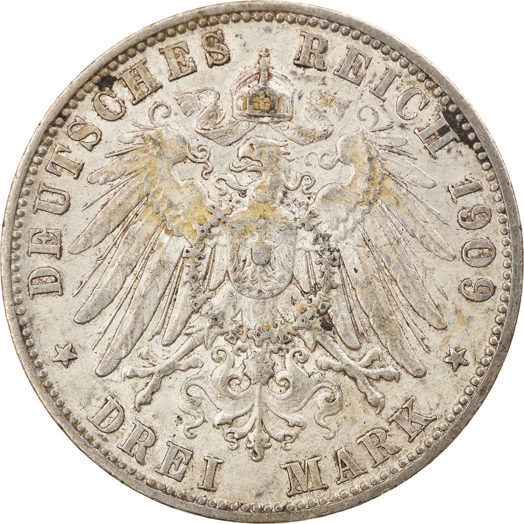 Moneta, Stati tedeschi, WURTTEMBERG, Wilhelm II, 3 Mark, 1909, Freudenstadt, BB