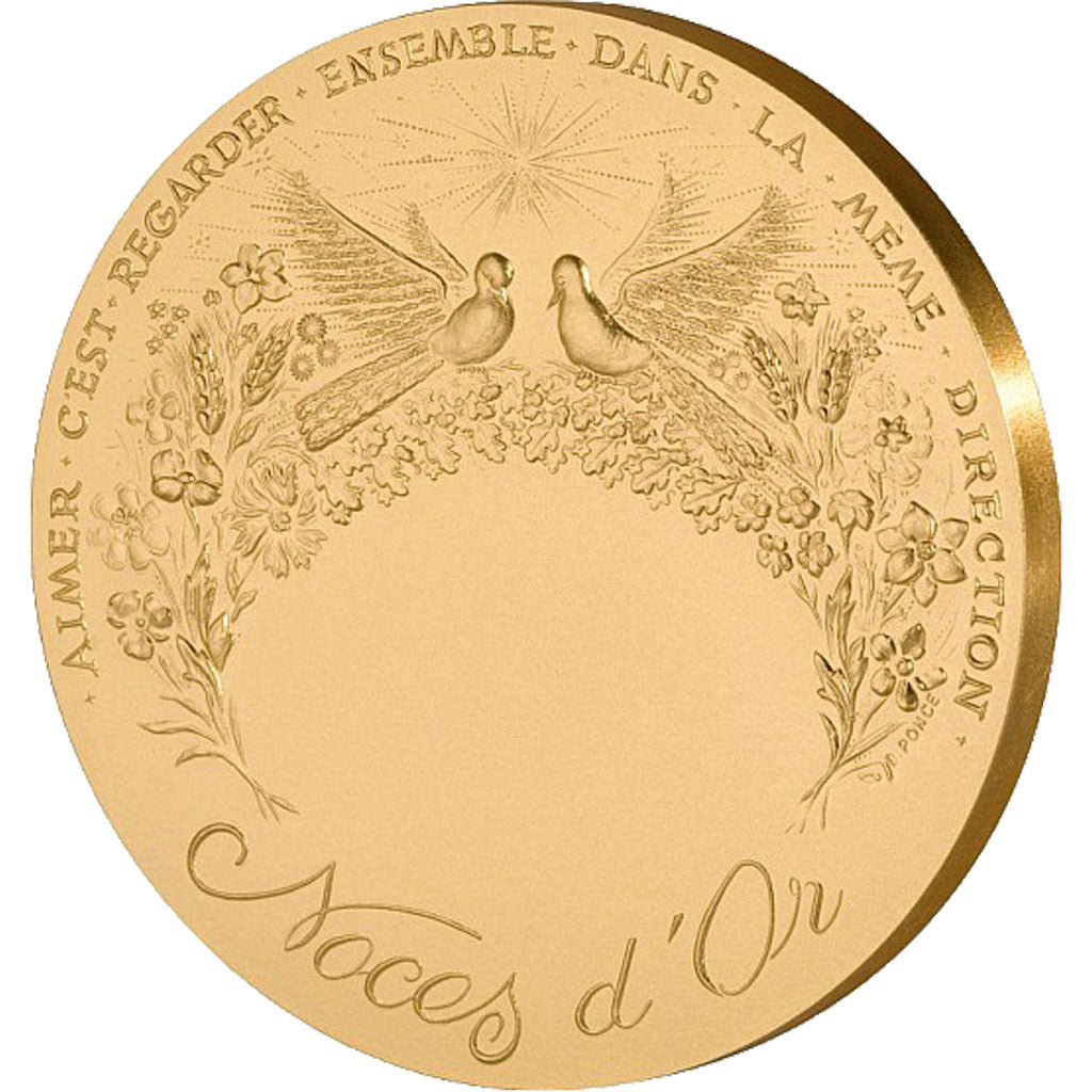 Médaille, Monnaie de Paris, Noces d'or, 50 ans de Mariage, dorée