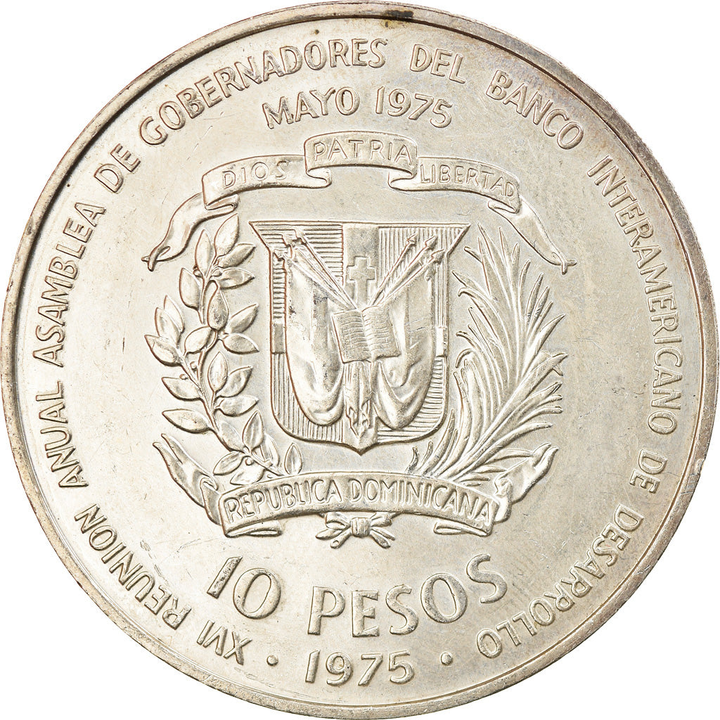 Coin, Dominican Republic, 10 Pesos, 1975, MS(60-62), Silver, KM:37