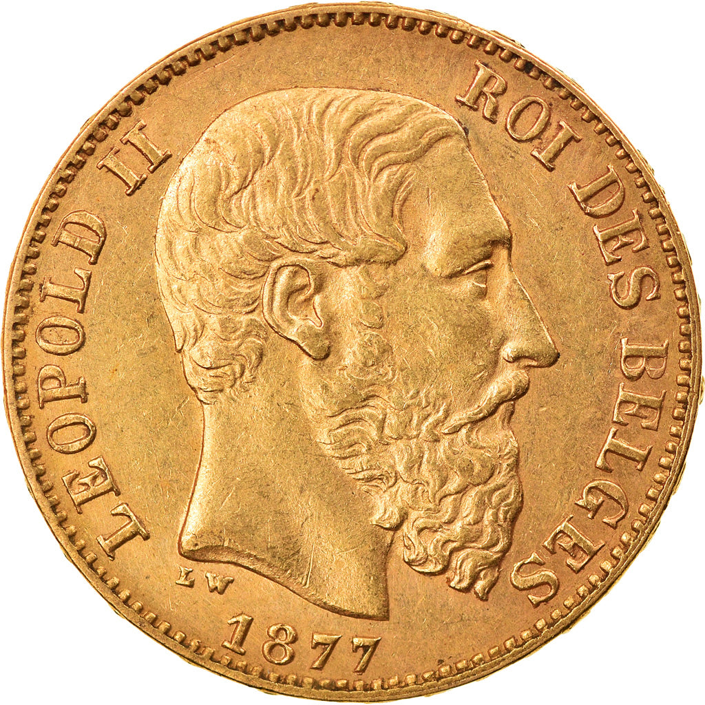 Moneta, Belgia, Leopold II, 20 Francs, 20 Frank, 1877, AU(55-58), Złoto, KM:37