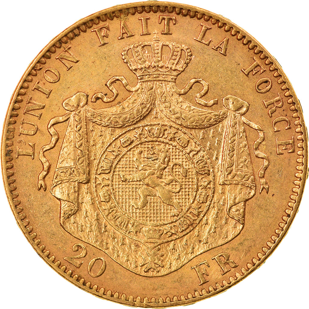 Moneta, Belgia, Leopold II, 20 Francs, 20 Frank, 1877, AU(55-58), Złoto, KM:37