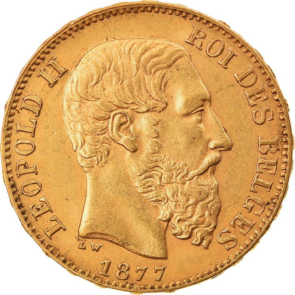 Moeda, Bélgica, Leopold II, 20 Francs, 20 Frank, 1877, AU(55-58), Dourado
