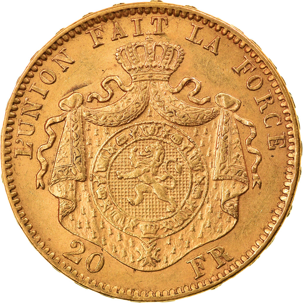 Moeda, Bélgica, Leopold II, 20 Francs, 20 Frank, 1877, AU(55-58), Dourado