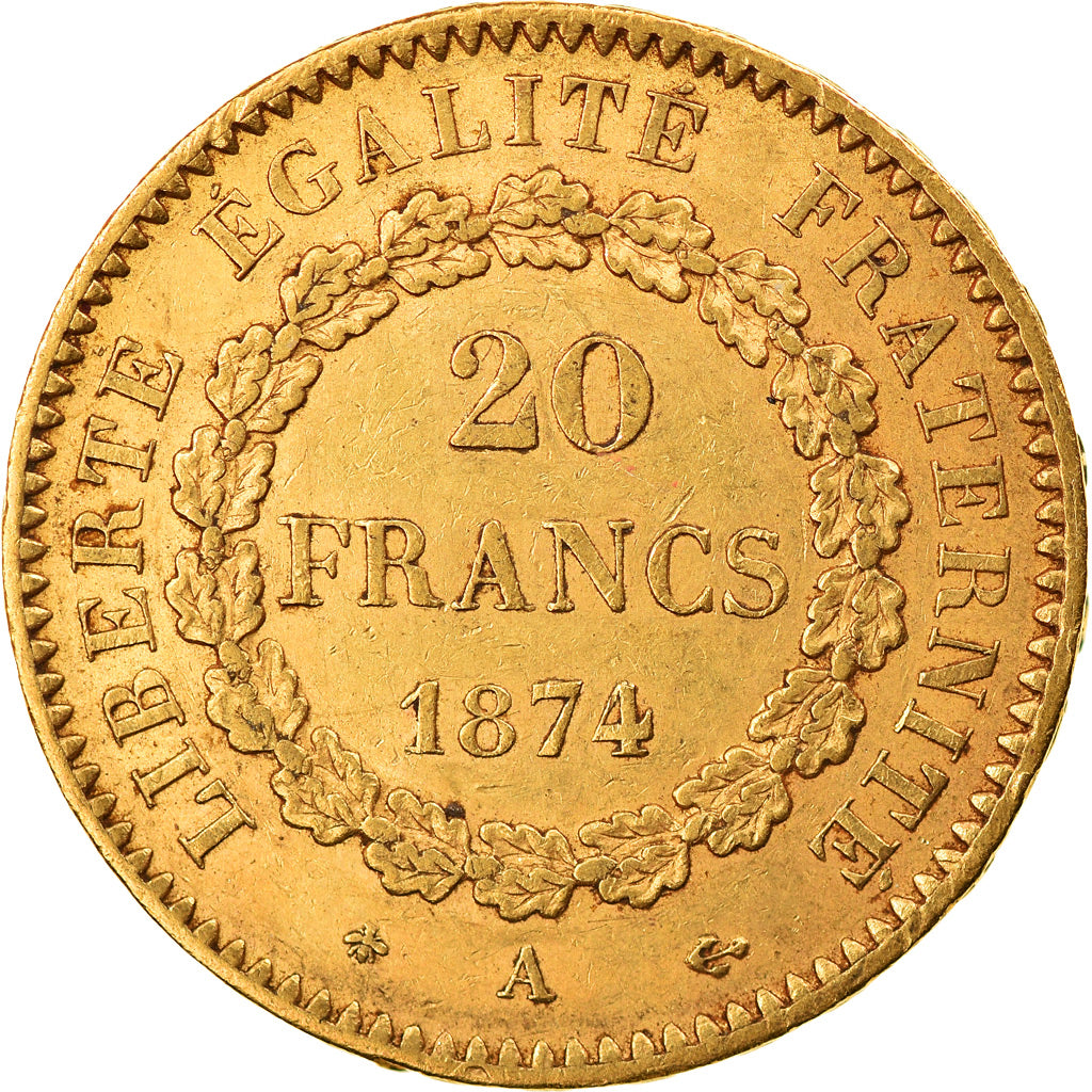 Moneda, Francia, Génie, 20 Francs, 1874, Paris, MBC+, Oro, KM:825, Gadoury:1063