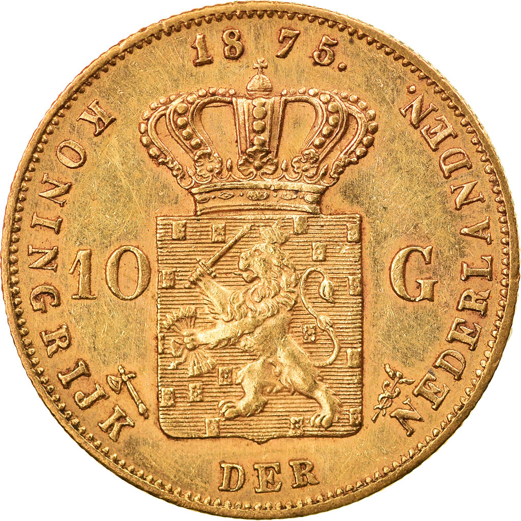 Coin, Netherlands, William III, 10 Gulden, 1875, Utrecht, AU(55-58), Gold