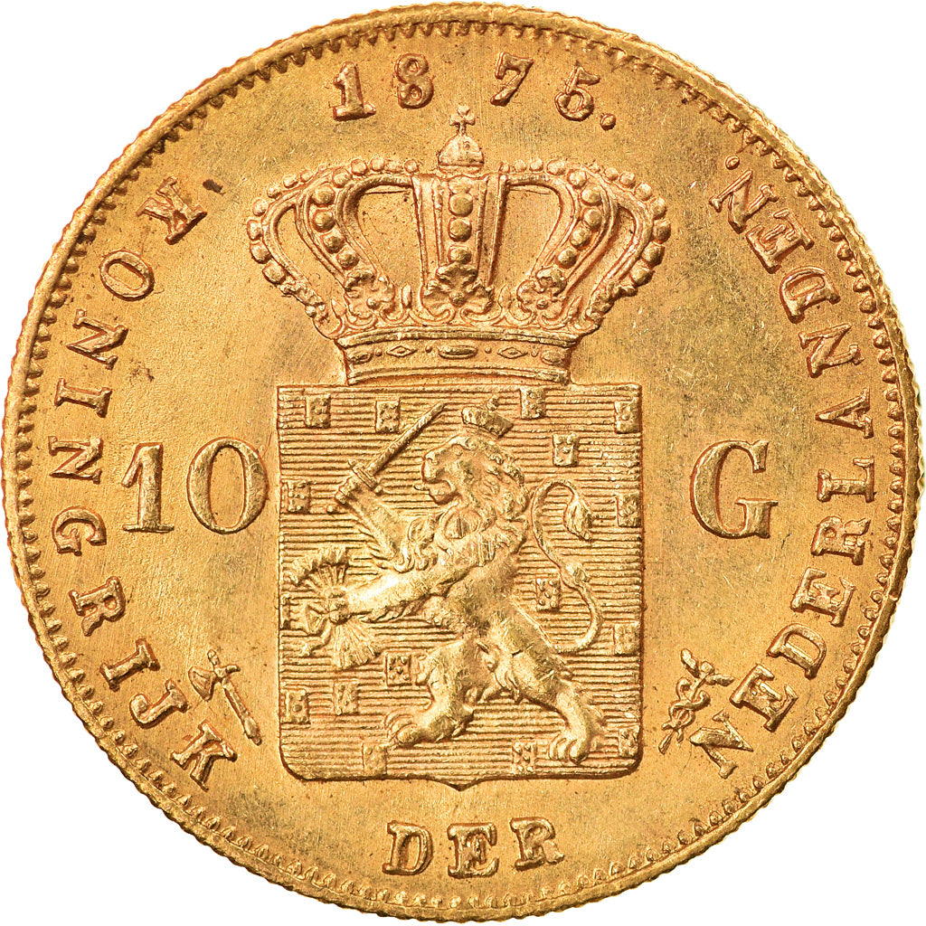 Coin, Netherlands, William III, 10 Gulden, 1875, Utrecht, AU(55-58), Gold