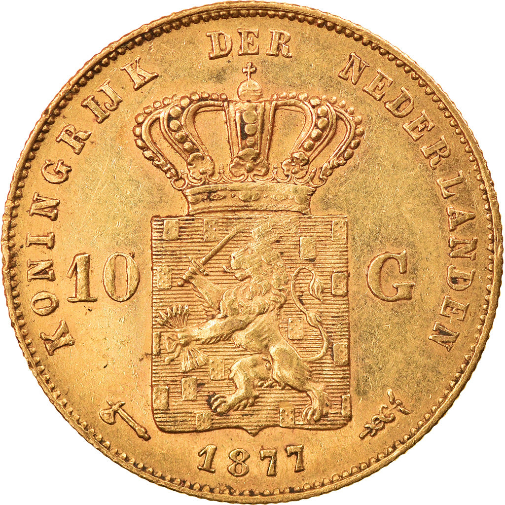 Coin, Netherlands, William III, 10 Gulden, 1877, AU(50-53), Gold, KM:106