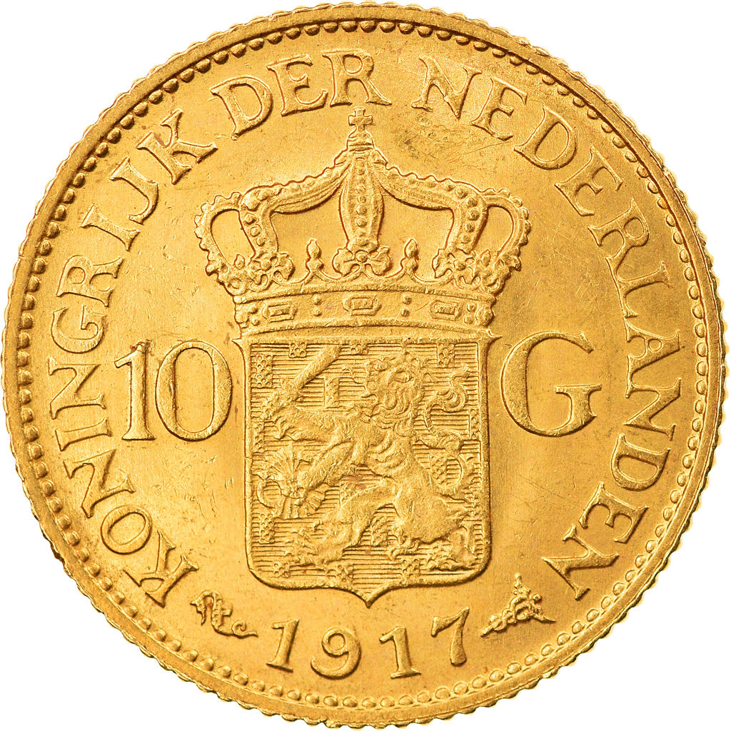 Coin, Netherlands, Wilhelmina I, 10 Gulden, 1917, AU(55-58), Gold, KM:149