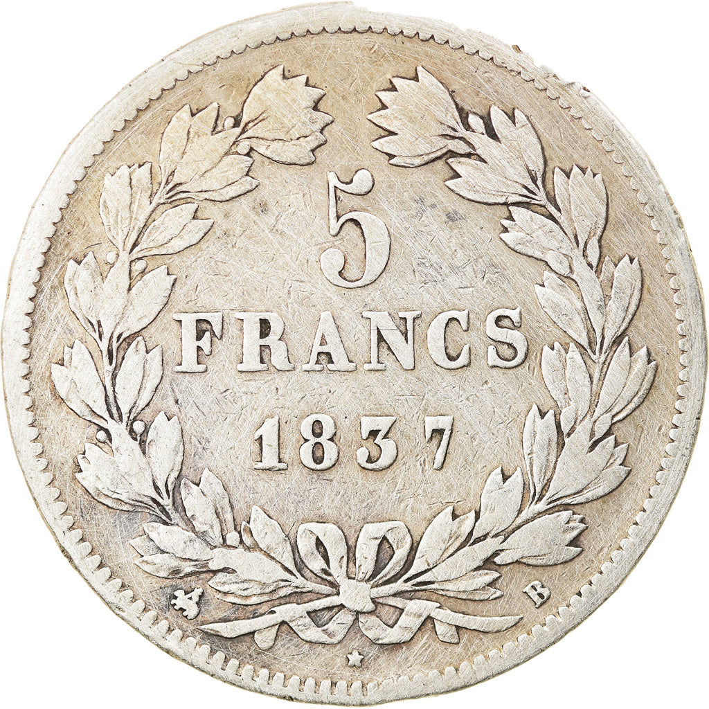 Moneta, Francia, Louis-Philippe, 5 Francs, 1837, Rouen, MB, Argento, KM:749.2