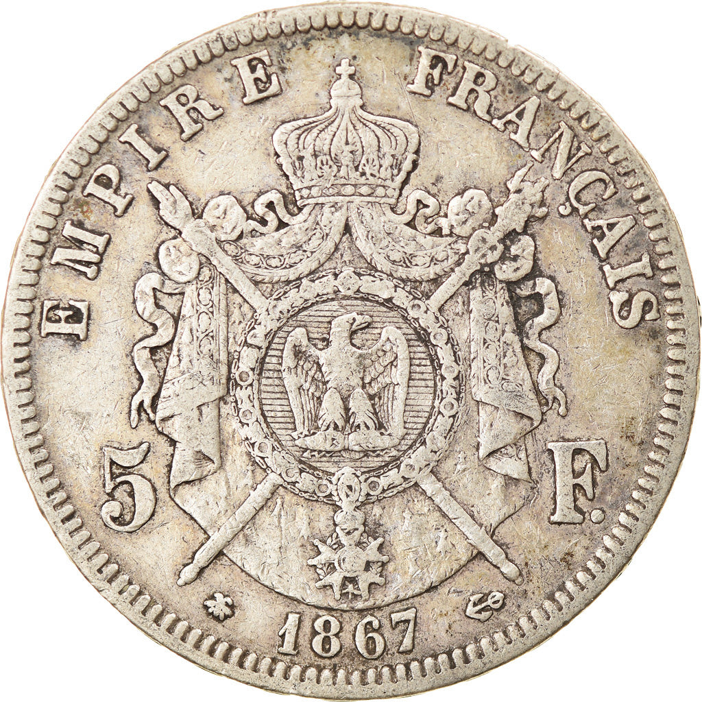 Moneta, Francia, Napoleon III, Napoléon III, 5 Francs, 1867, Paris, MB+