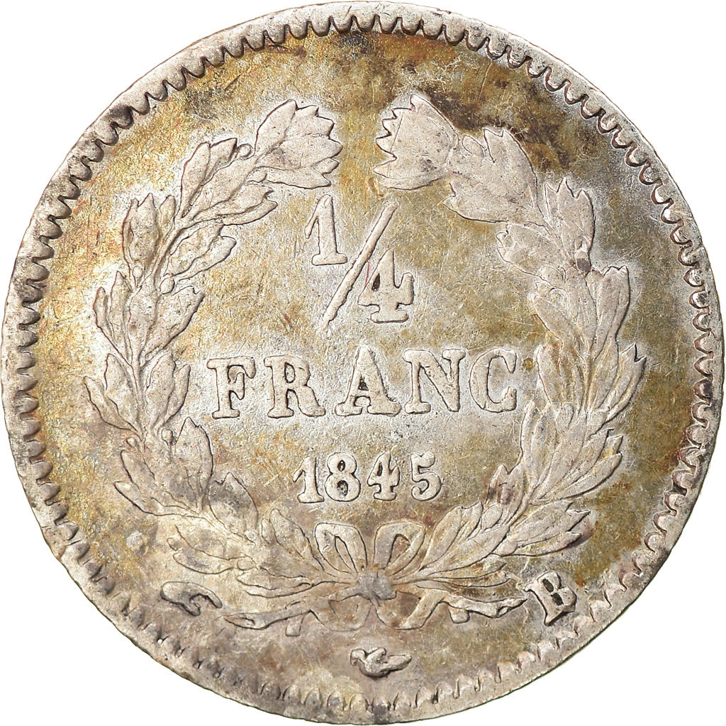 Moeda, França, Louis-Philippe, 1/4 Franc, 1845, Rouen, AU(50-53), Prata