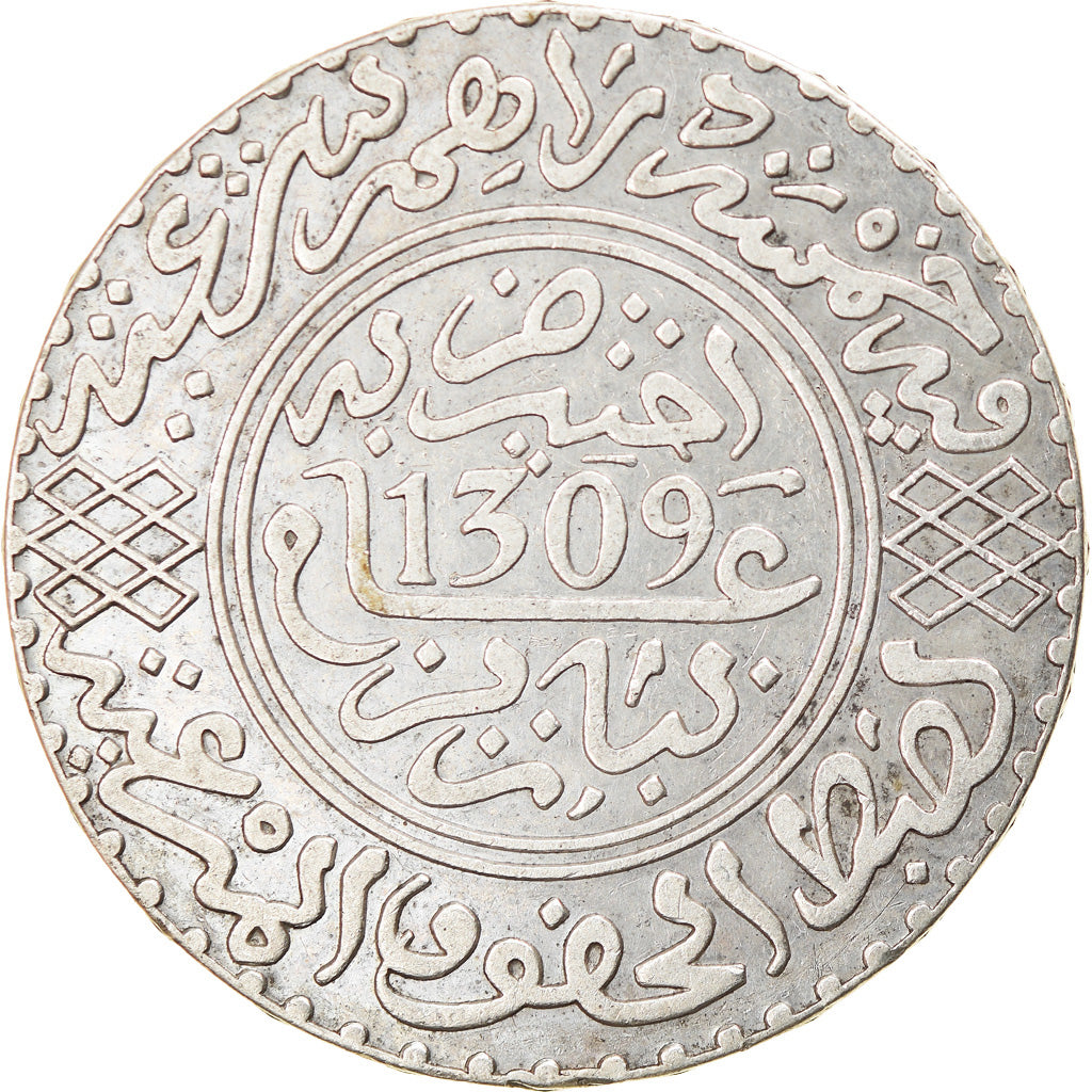 Coin, Morocco, Moulay al-Hasan I, 5 Dirhams, 1891, Paris, AU(50-53), Silver
