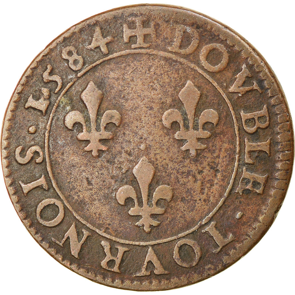 Moeda, França, Henri III, Double Tournois, 1584, Paris, VF(30-35), Cobre