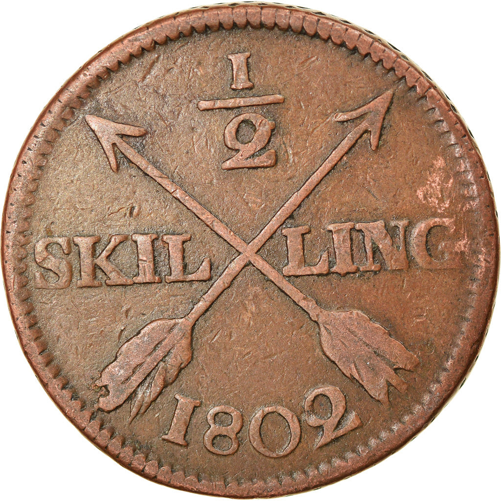 Moneta, Svezia, Gustaf IV Adolf, 1/2 Skilling, 1802, MB+, Rame, KM:565