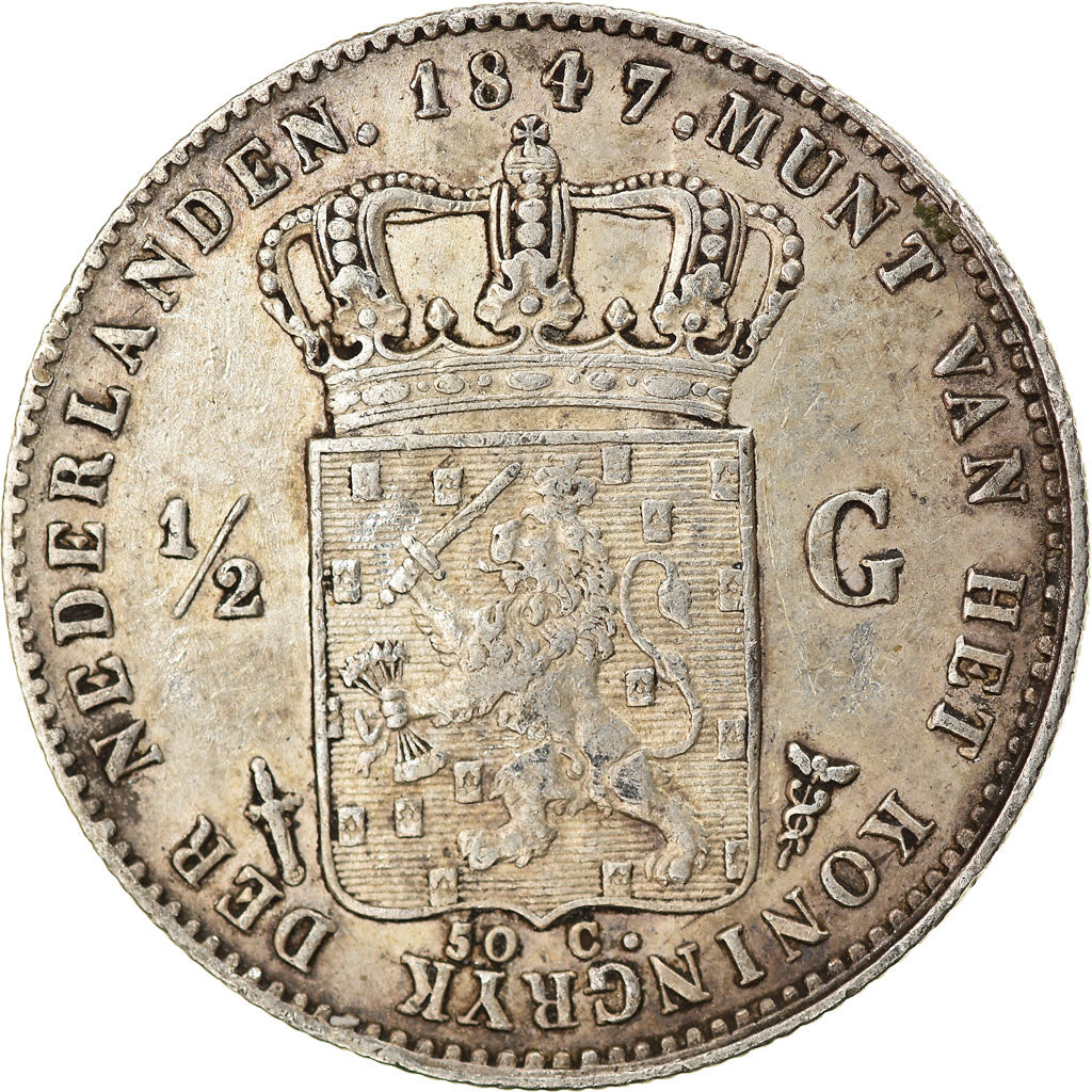 Coin, Netherlands, William II, 1/2 Gulden, 1847, Utrecht, EF(40-45), Silver