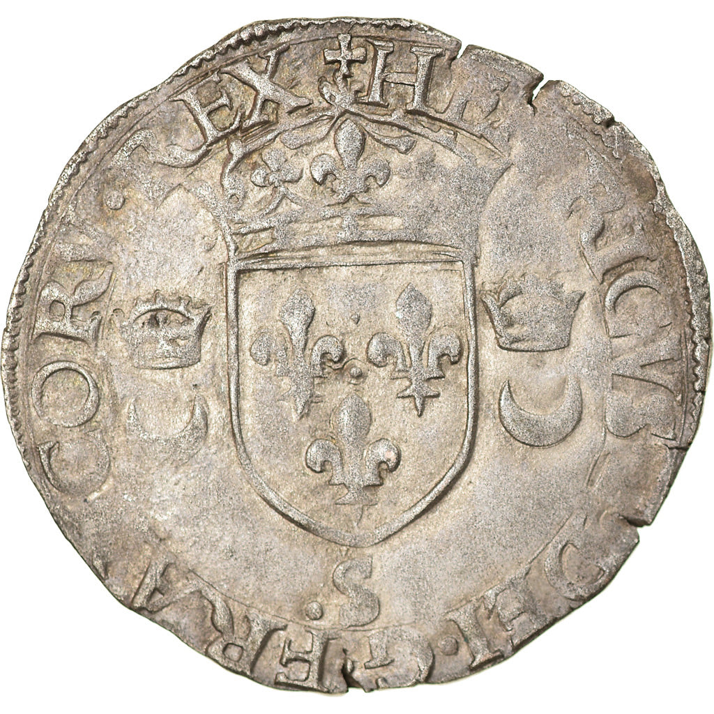 Moneta, Francja, Henri II, Douzain aux croissants, 1555, Troyes, EF(40-45)