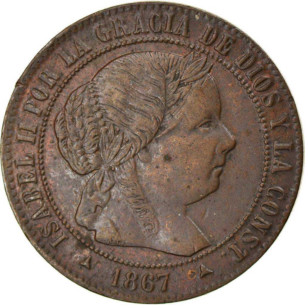 Coin, Spain, Isabel II, 1/2 Centimo, 1867, Segovia, AU(55-58), Copper, KM:632.4