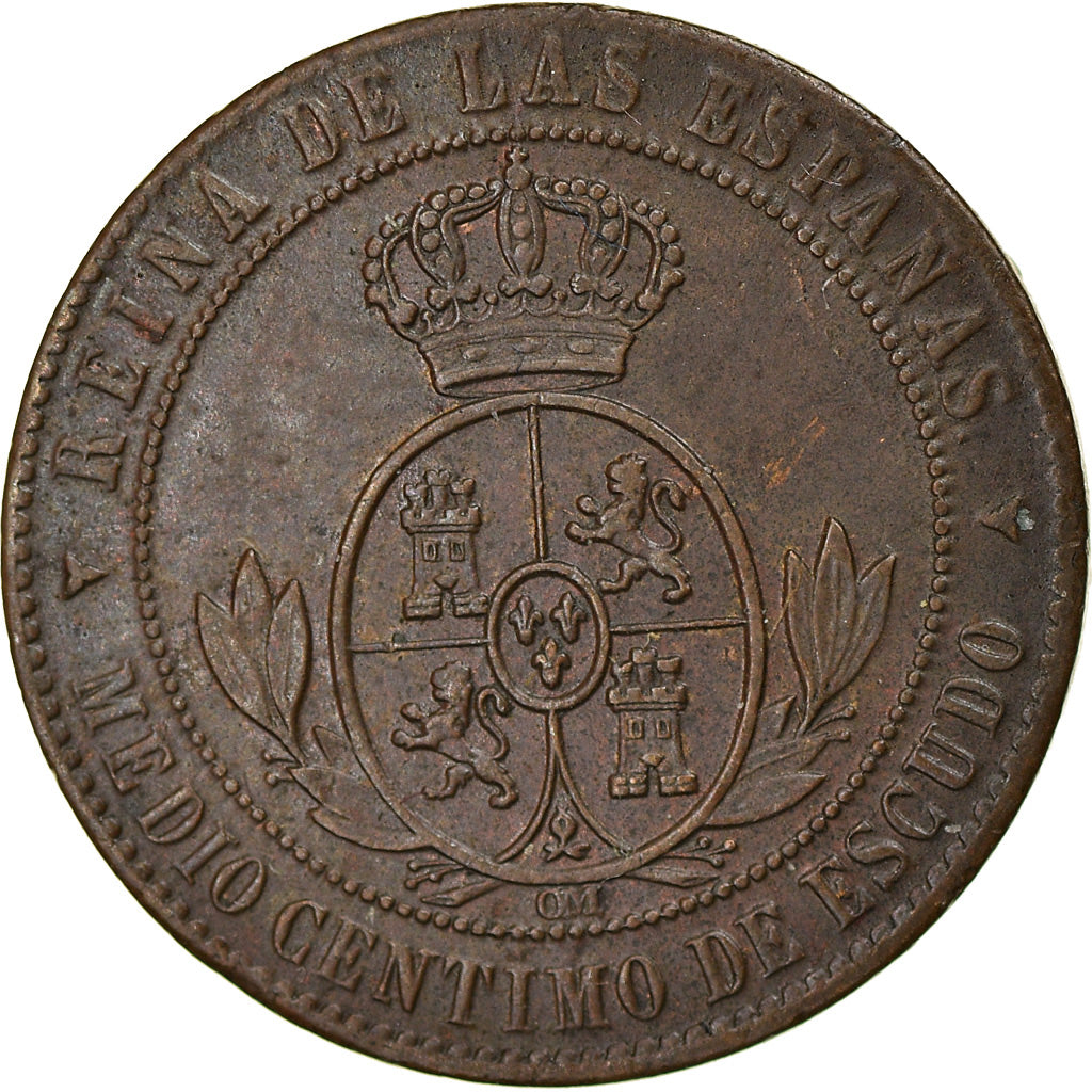 Coin, Spain, Isabel II, 1/2 Centimo, 1867, Segovia, AU(55-58), Copper, KM:632.4
